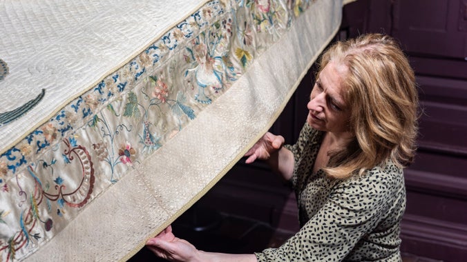 Inspecting the State Bed at Erddig, Wrexham